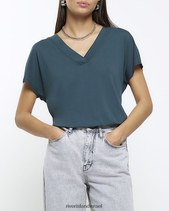 לבוש River Island חולצת טי עם צווארון V ירוק נשים BDZ408872
