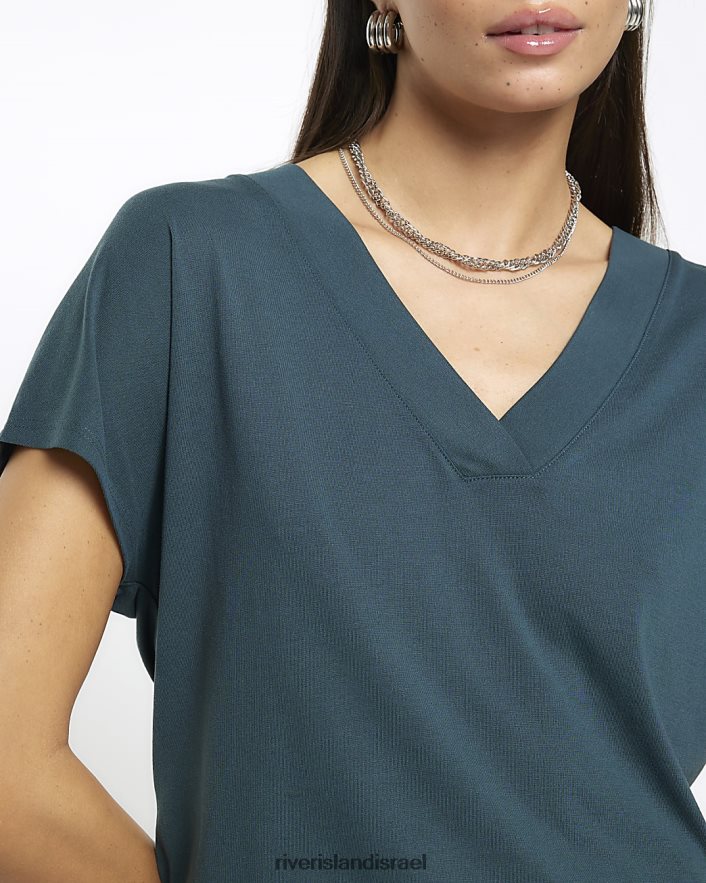 לבוש River Island חולצת טי עם צווארון V ירוק נשים BDZ408872
