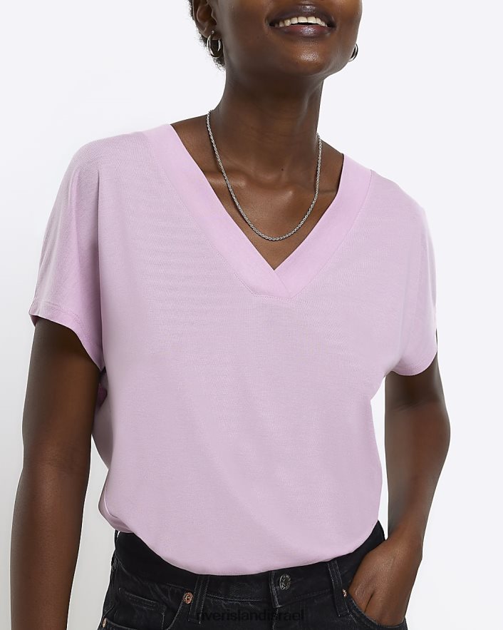 לבוש River Island חולצת טי עם צווארון V וָרוֹד נשים BDZ408873