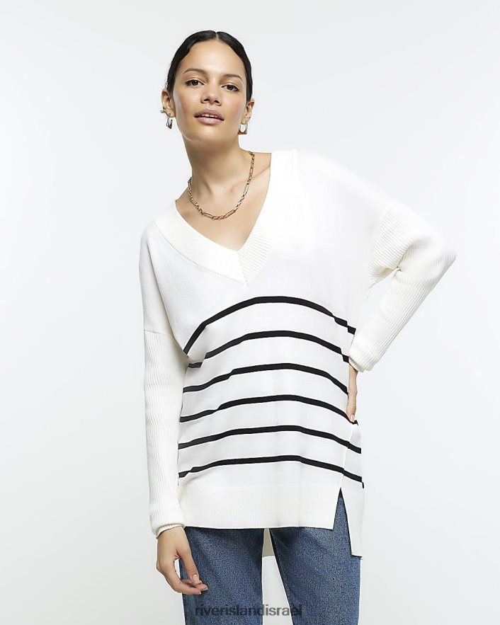 לבוש River Island מגשר עם צווארון V בפס קרם נשים BDZ408930