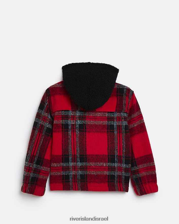 לבוש River Island b borg חולצת אובר משבצת עם קפוצ'ון אָדוֹם בנים BDZ4086934