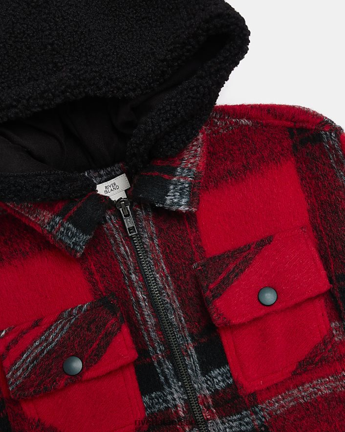 לבוש River Island b borg חולצת אובר משבצת עם קפוצ'ון אָדוֹם בנים BDZ4086934