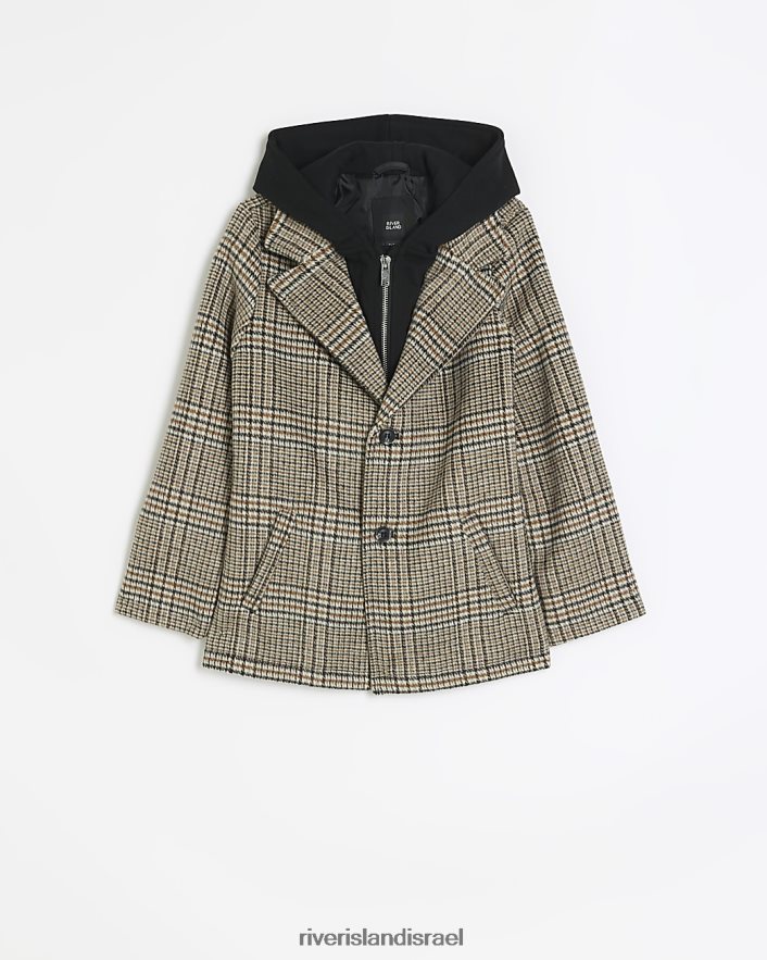 לבוש River Island b check מעיל היברידי עם ברדס בז' בנים BDZ4086876