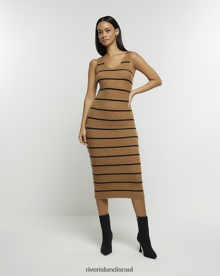 לבוש River Island סט שמלת מידי bodycon בפס סרוג חום נשים BDZ408107