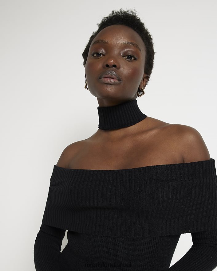 לבוש River Island שמלת מידי סריג ברדו bodycon שָׁחוֹר נשים BDZ408423