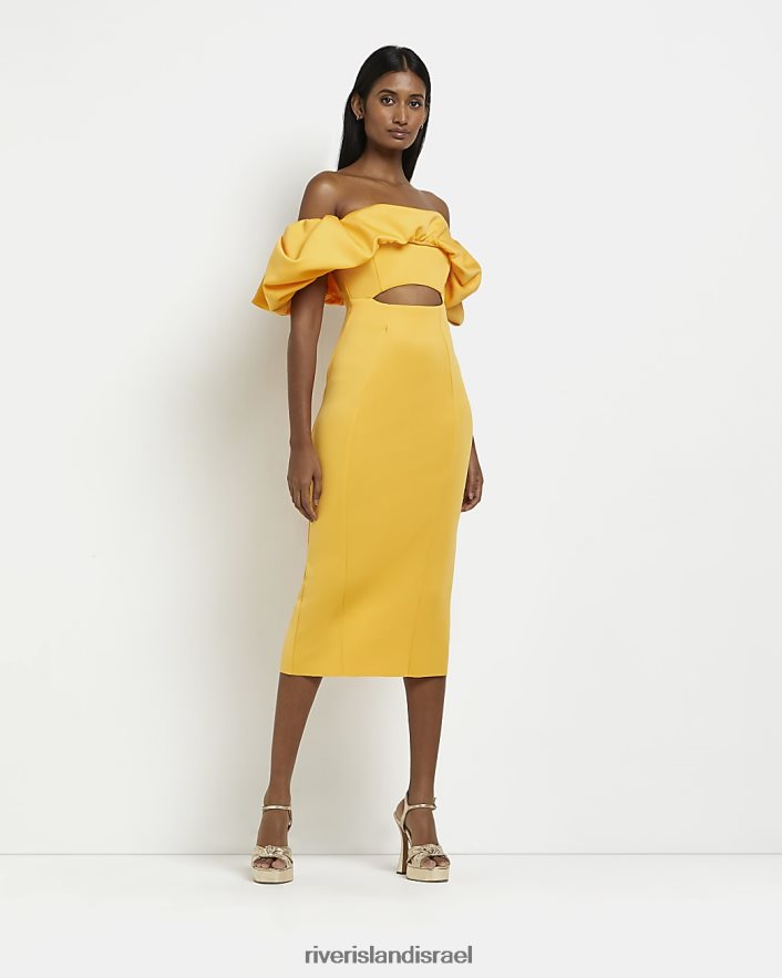 לבוש River Island שמלת מידי של ברדו bodycon צהוב נשים BDZ408453
