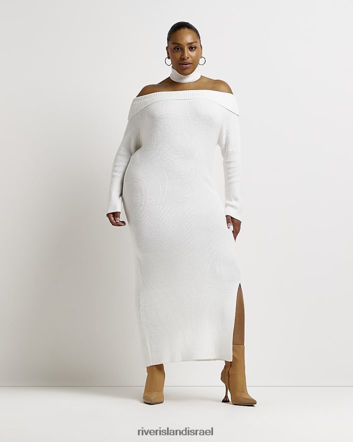 לבוש River Island בתוספת שמלת מידי סריג ברדו bodycon לבן נשים BDZ4085194