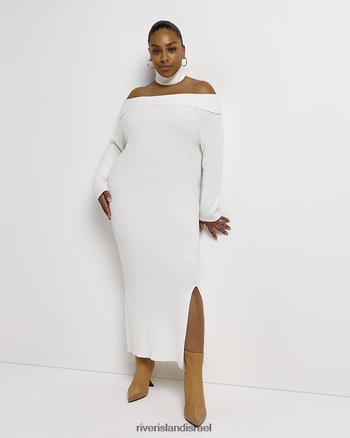 לבוש River Island בתוספת שמלת מידי סריג ברדו bodycon לבן נשים BDZ4085194
