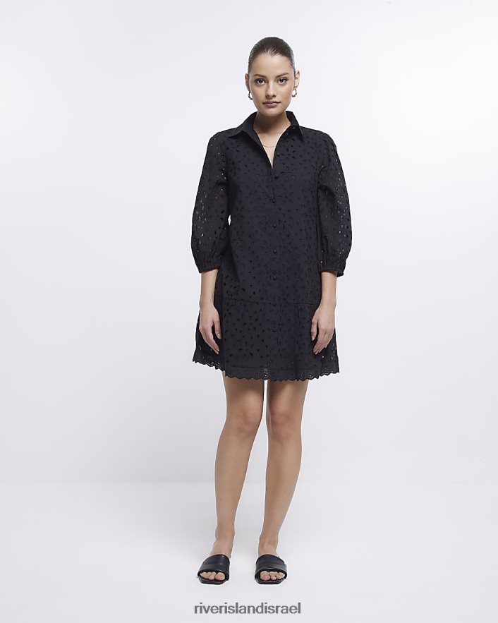 לבוש River Island שמלת מיני חולצה עם שרוול ארוך של broderie שָׁחוֹר נשים BDZ4081756
