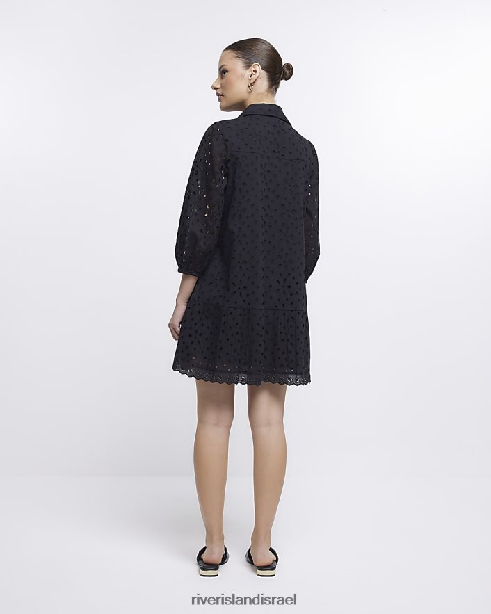 לבוש River Island שמלת מיני חולצה עם שרוול ארוך של broderie שָׁחוֹר נשים BDZ4081756
