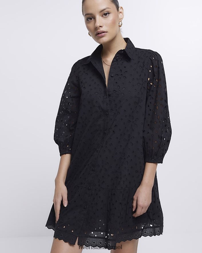 לבוש River Island שמלת מיני חולצה עם שרוול ארוך של broderie שָׁחוֹר נשים BDZ4081756