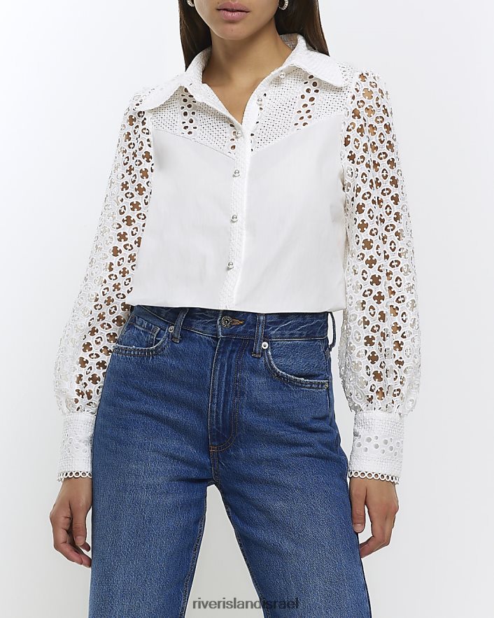 לבוש River Island חולצה עם שרוולים ארוכים של broderie לבן נשים BDZ4084513