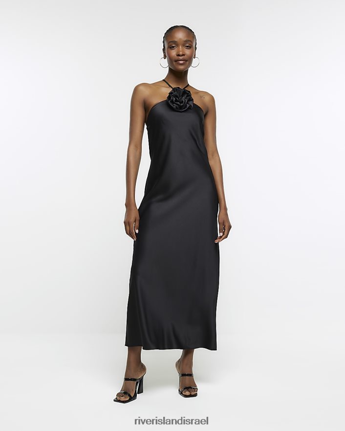 לבוש River Island שמלת מידי סאטן corsage bodycon שָׁחוֹר נשים BDZ408199