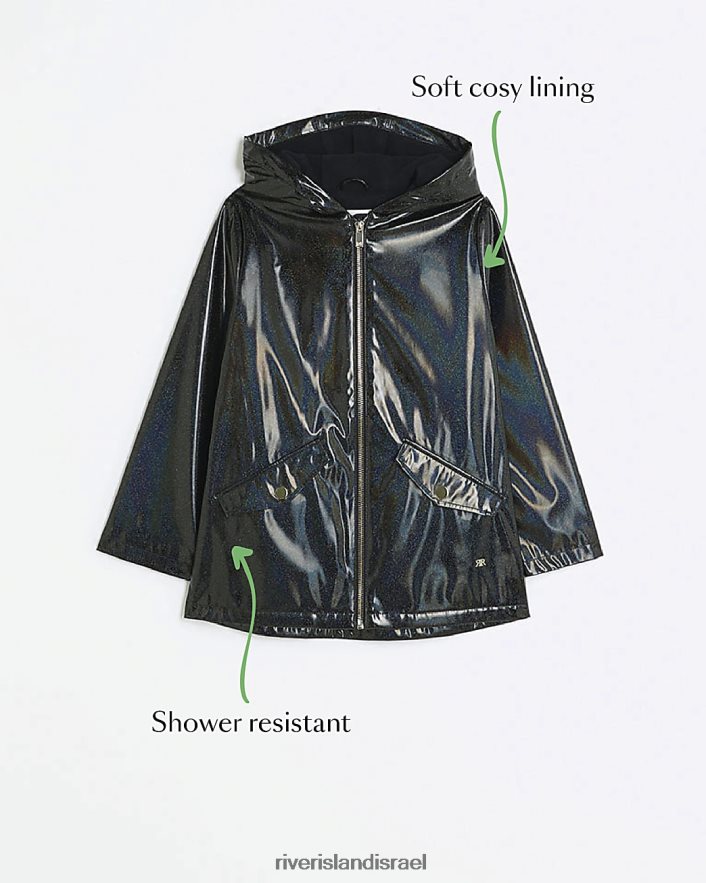 לבוש River Island g מעיל גשם עם ברדס נוצץ שָׁחוֹר בנות BDZ4083358