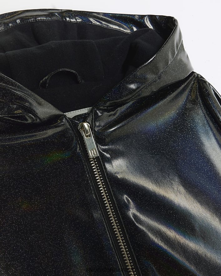 לבוש River Island g מעיל גשם עם ברדס נוצץ שָׁחוֹר בנות BDZ4083358