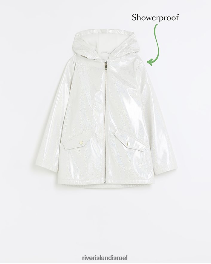 לבוש River Island g מעיל גשם עם ברדס נוצץ לבן בנות BDZ4083360