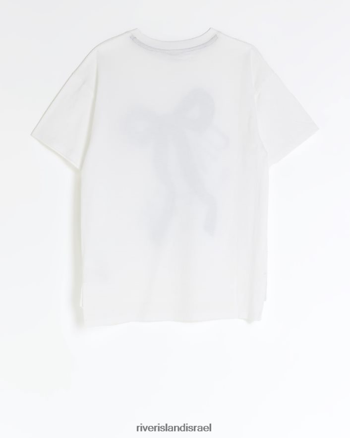 לבוש River Island חולצת טי פייטים עם קשת של g לבן בנות BDZ4086042