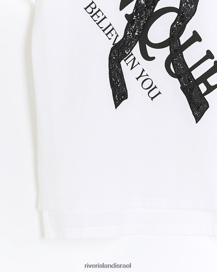 לבוש River Island חולצת טי פייטים עם קשת של g לבן בנות BDZ4086042