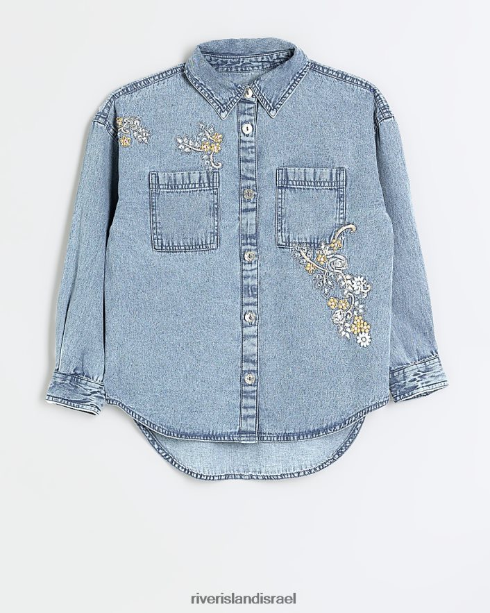 לבוש River Island g חולצת ג'ינס עם פרט פרחוני כְּחוֹל בנות BDZ4086101