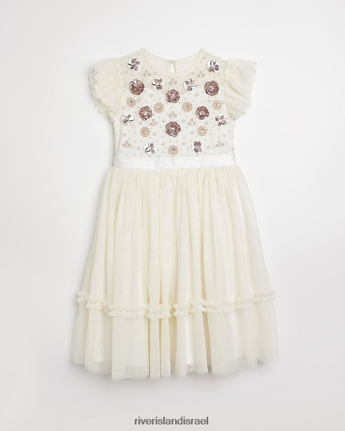 לבוש River Island g שמלת טול מעוטרת פרחונית קרם בנות BDZ4086377
