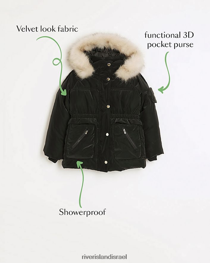 לבוש River Island g מעיל קפוצ'ון במראה קטיפה שָׁחוֹר בנות BDZ4086393