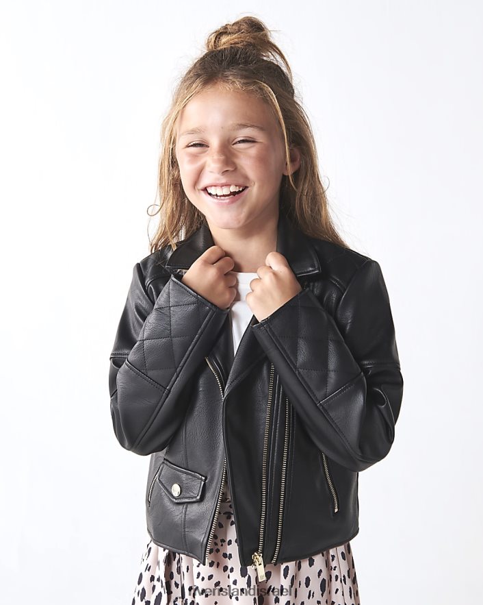 לבוש River Island מעיל אופנוענים עם רוכסן כפול של g pu שָׁחוֹר בנות BDZ4083207