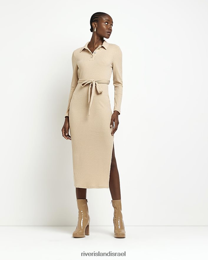 לבוש River Island שמלת midi עם שרוול ארוך בז' נשים BDZ408469