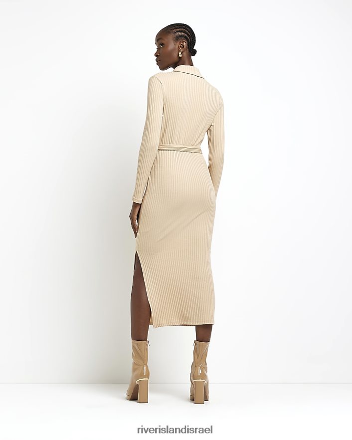 לבוש River Island שמלת midi עם שרוול ארוך בז' נשים BDZ408469