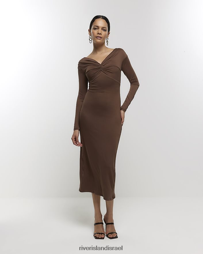 לבוש River Island שמלת midi עם קשר קדמי חום נשים BDZ408999