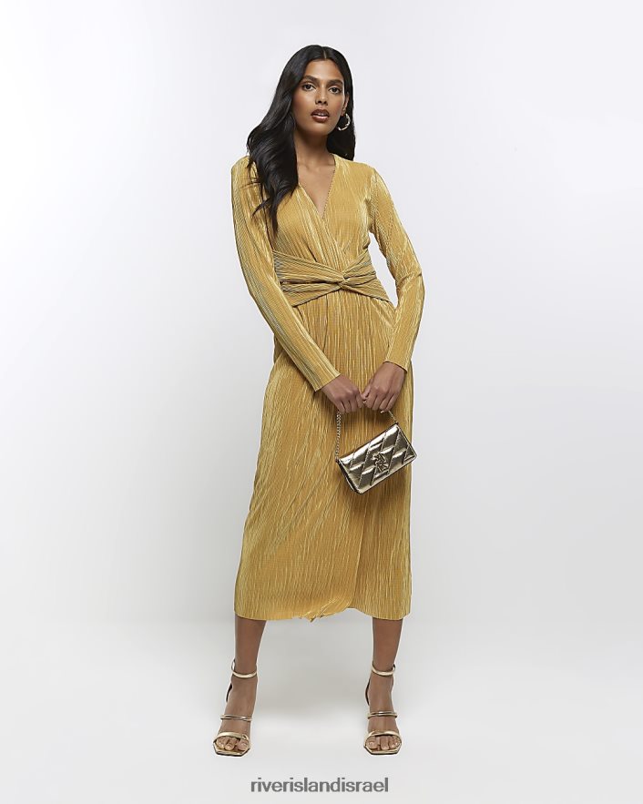 לבוש River Island שמלת midi plisse עם טוויסט קדמי זהב נשים BDZ408260