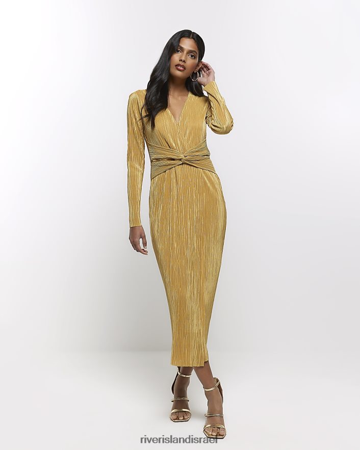 לבוש River Island שמלת midi plisse עם טוויסט קדמי זהב נשים BDZ408260