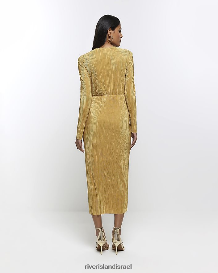 לבוש River Island שמלת midi plisse עם טוויסט קדמי זהב נשים BDZ408260