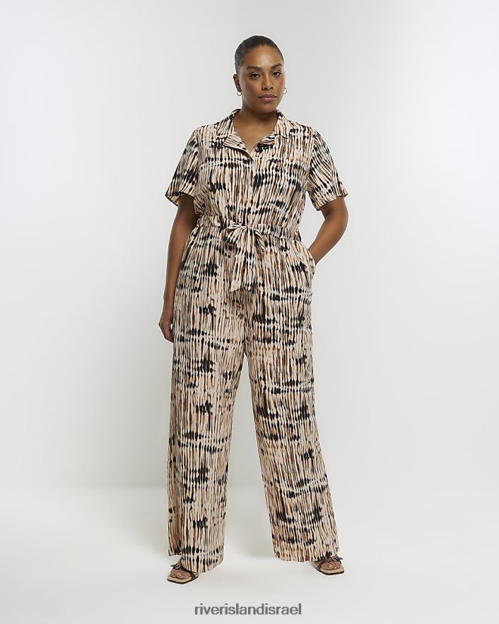 לבוש River Island פלוס סרבל חגורה אבסטרקטי של plisse חום נשים BDZ4085106