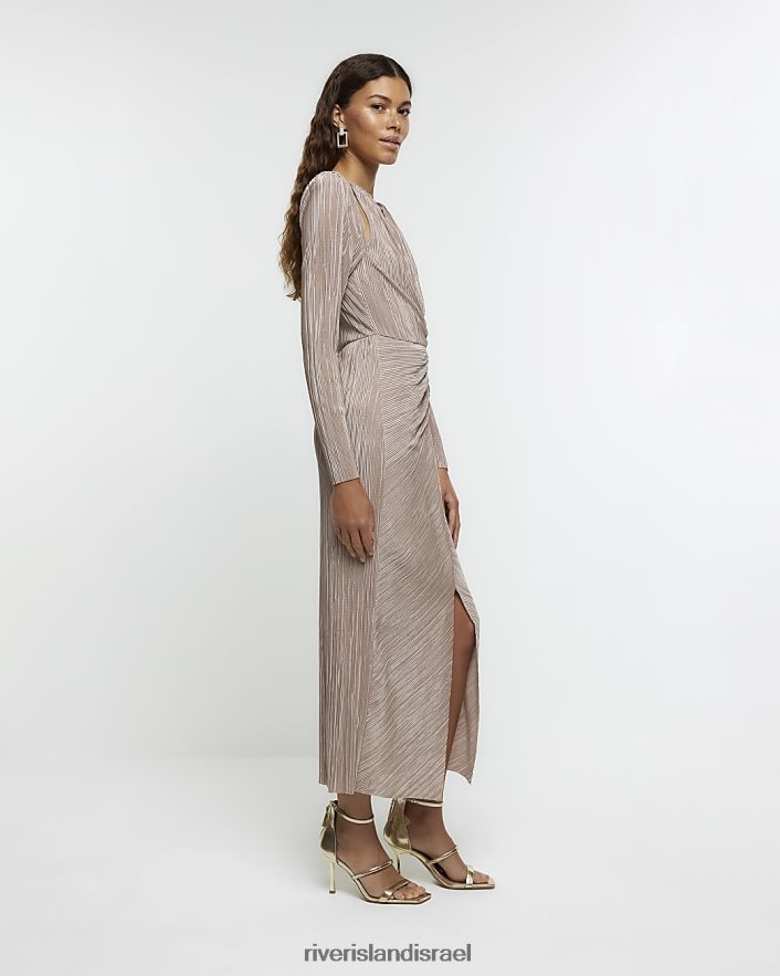 לבוש River Island שמלת מידי של plisse טוויסט bodycon חום נשים BDZ408508