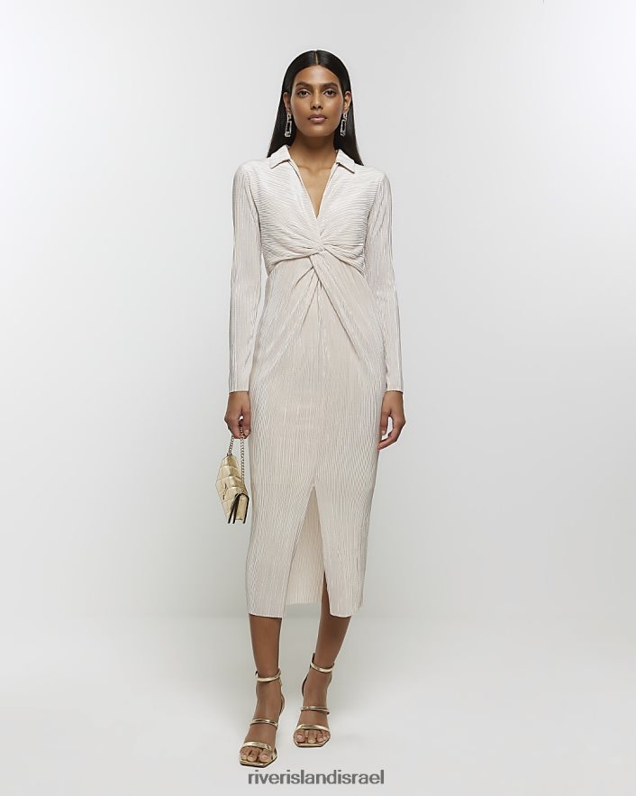 לבוש River Island שמלת מידי של plisse טוויסט bodycon קרם נשים BDZ408509